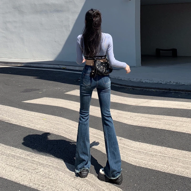 Low Waisted Y2K Flare Jeans Aesthetic Retro Cute Denim Sweatpants Streetwear Fashion Harajuku Casual Cowboy Trousers With Pocket