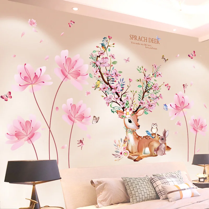 

[shijuekongjian] Deer Animal Wall Stickers DIY Flowers Plants Wall Decals for Kids Rooms Baby Bedroom Nursery House Decoration