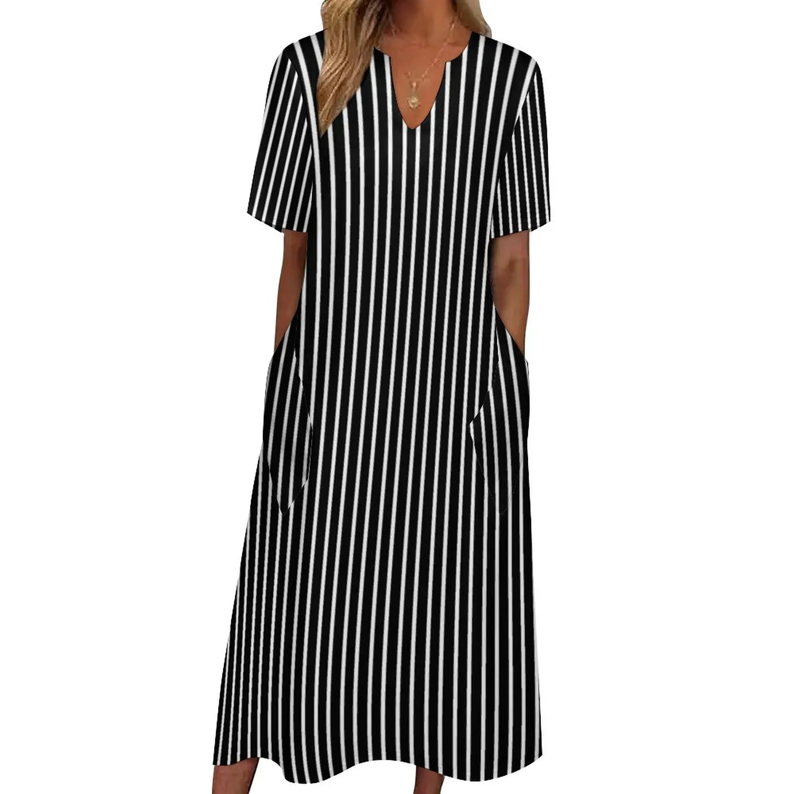 

Striped Print Dress Black And White Cute Maxi Dress Streetwear Boho Beach Long Dresses Summer V Neck Custom Clothing Large Size