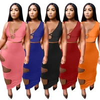 hm6512 ladies sexy two piece summer womens streetwear solid color hole pack hip skirt two piece women