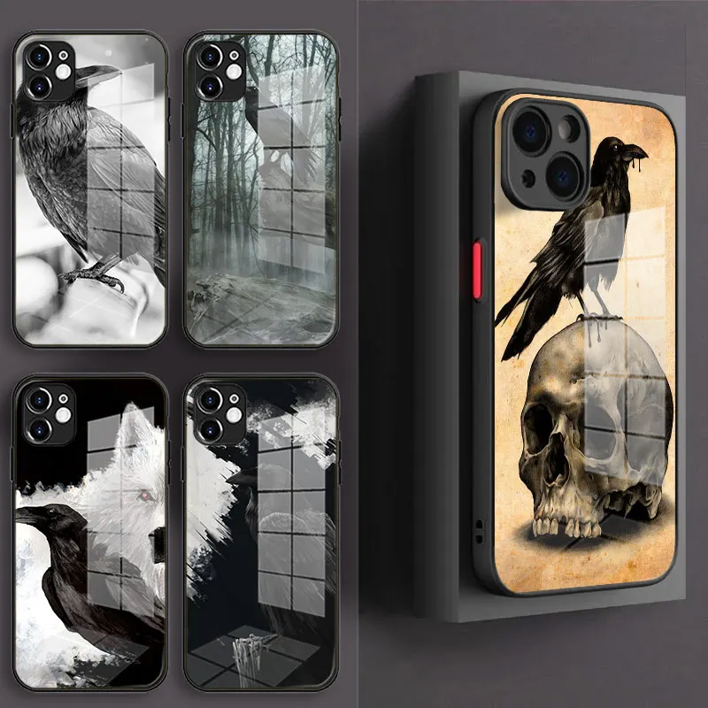 Crow Raven Dark Skull Black Glass Phone Case For iPhone 13 11 12 Mini Pro Max XS XR X 7 8 6 Plus SE Silicone Cover