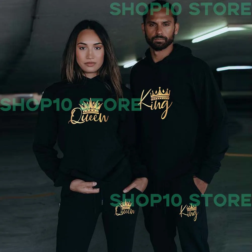 

Men Women Crown King Queen Printed Hoodie Set Lovers Tracksuit Sweatshirt and Pants Couple Suit Sport Fleece 2 Pic Clothing