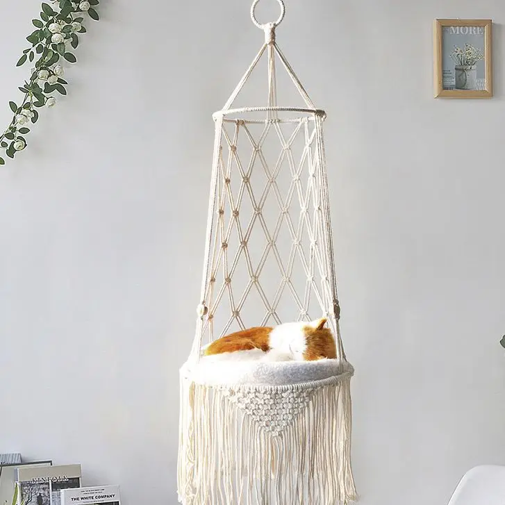 

Big Macrame Cat Hammock Hanging Swing Cat Dog Puppy Bed Basket House Home Pet Cat Accessories toy with Rope Sisal Ball Feather