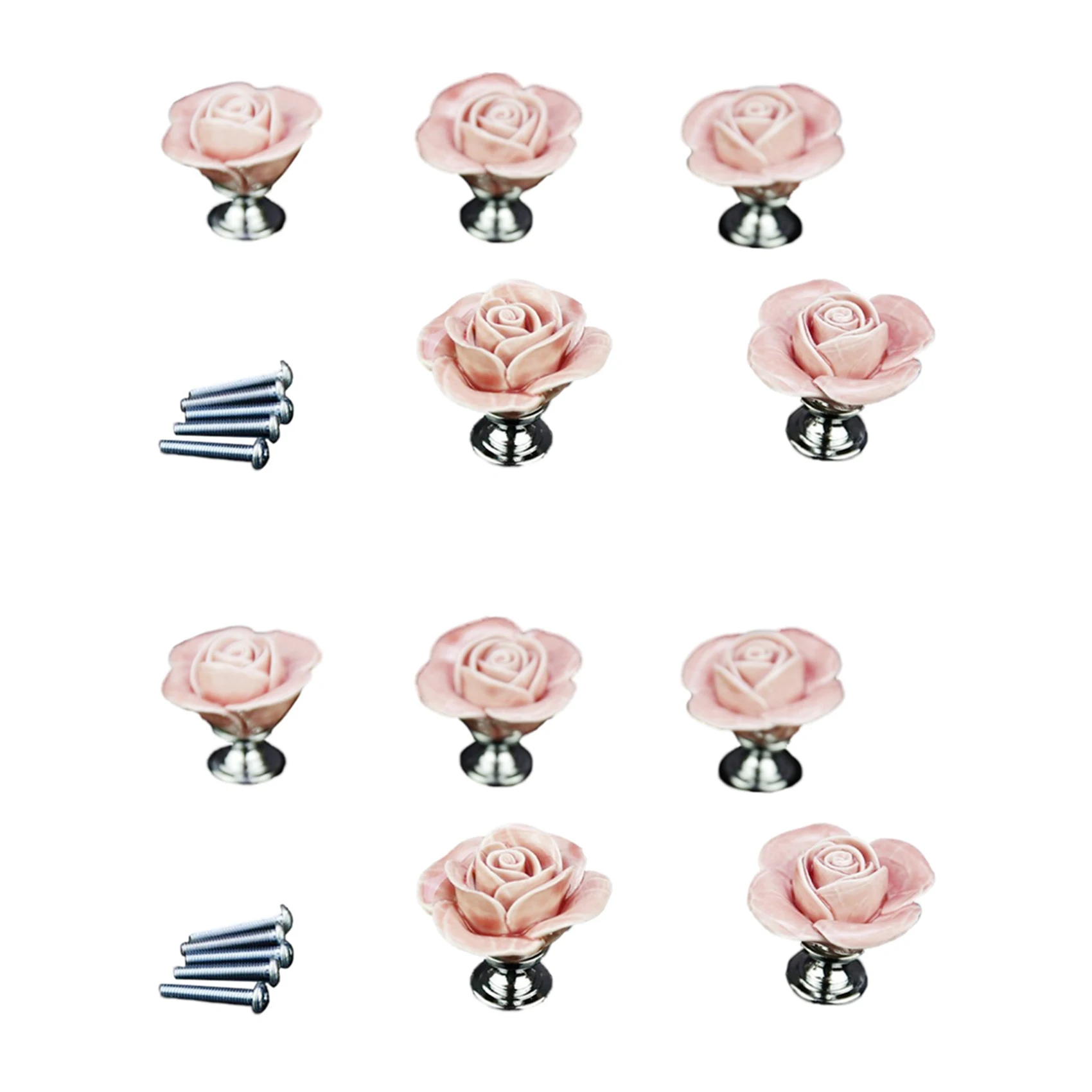 

10 x Pink Door Furniture Ceramic Handle Antique Button Screws Included Elegant Design Rose Shaped