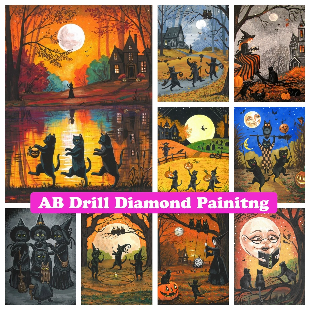

Halloween Autumn Fall Black Cat 5D DIY AB Drill Diamond Painting Embroidery Witch Artist Cross Stitch Mosaic Handmade Home Decor