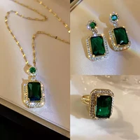luxury emerald stone crystals bridal jewelry sets gold color green jewellry sets for women necklace earrings ring wedding party