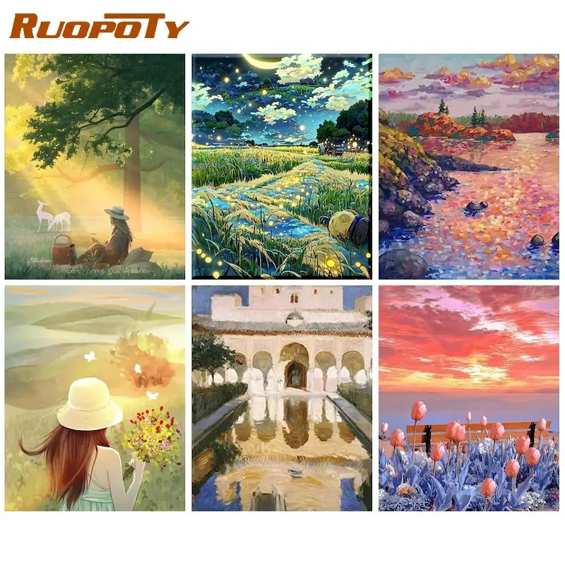 

RUOPOTY DIY Pictures By Number Sunset Kits Painting By Numbers Scenery Hand Painted Paintings Art Drawing On Canvas Home Decor