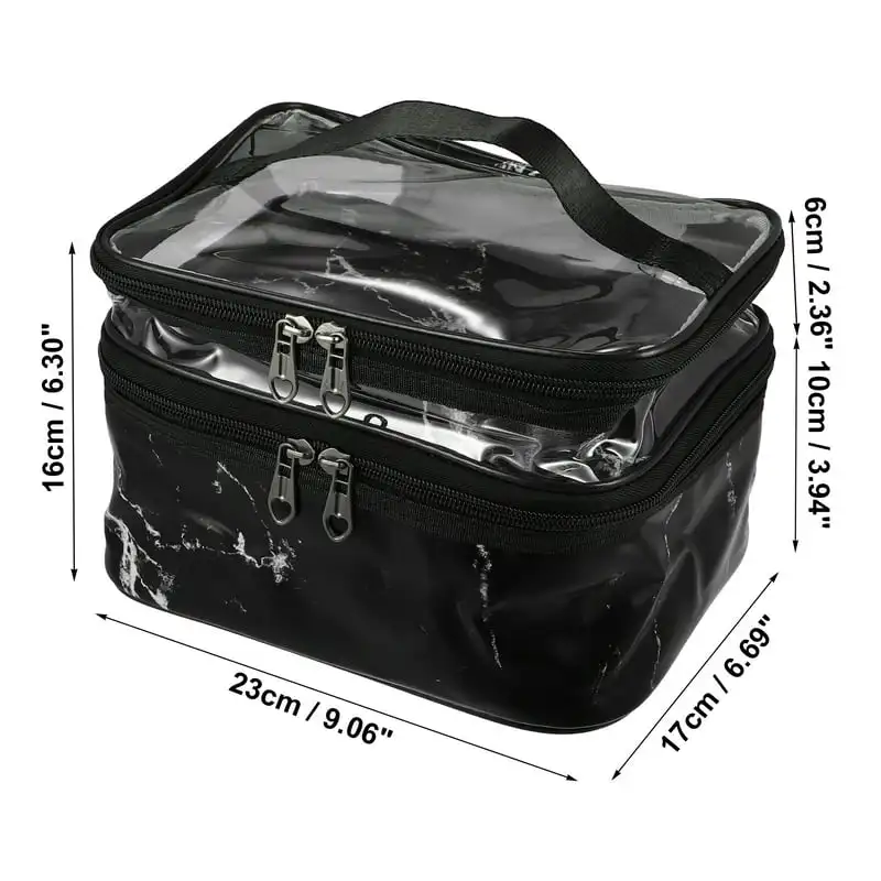 and White  Beautiful Double Layer Marble Pattern Makeup Bag Cosmetic Organizer Black and White - Perfect for Travel!