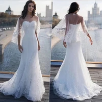 illusion sweetheart neck mermaid wedding dress elegant shoulder tulle sleeveless appliques bridal gown backless lace up train