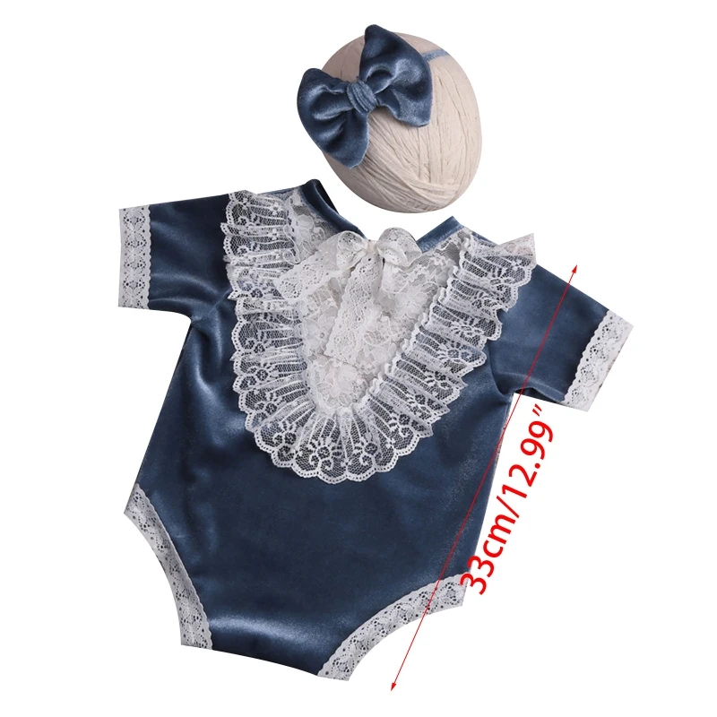 

Newborn Photo Suit Lace Velvet Jumpsuit Infant Photography Clothes Short-Sleeve Romper One-piece with Bow Hair Tie Props P31B