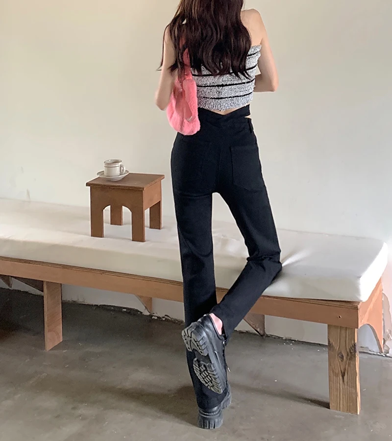 Jeans Women's Black Spring Summer Pants Casual Open Waist High Waist Straight Tube Micro Flare Floor Dragging Pants Fashion