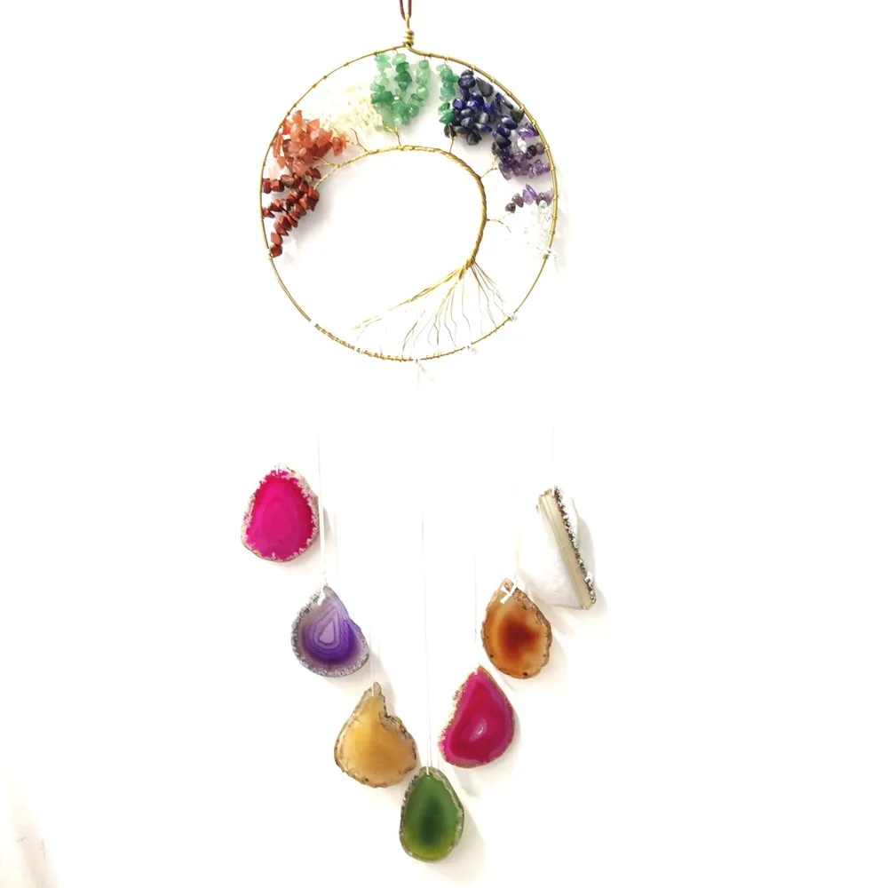 Natural Gravel Tree Of Life Braid Car Ornament With Tassel Agate Slice Colorful Mineral Crystal Curtain Hanging Home Decoration