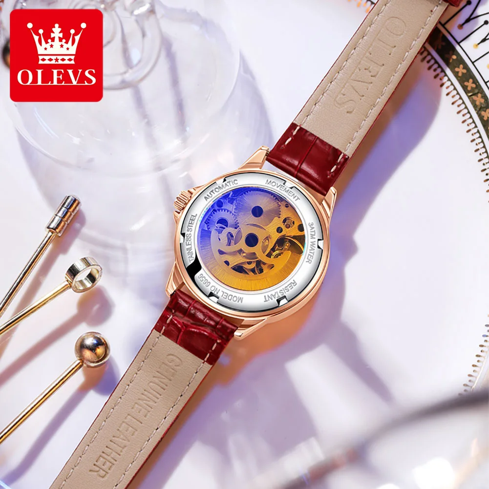 OLEVS Top Brand Luxury Women Watches Automatic Mechanical Leather Wristwatch Rhinestone Ladies Waterproof Clock Gift for Girl enlarge
