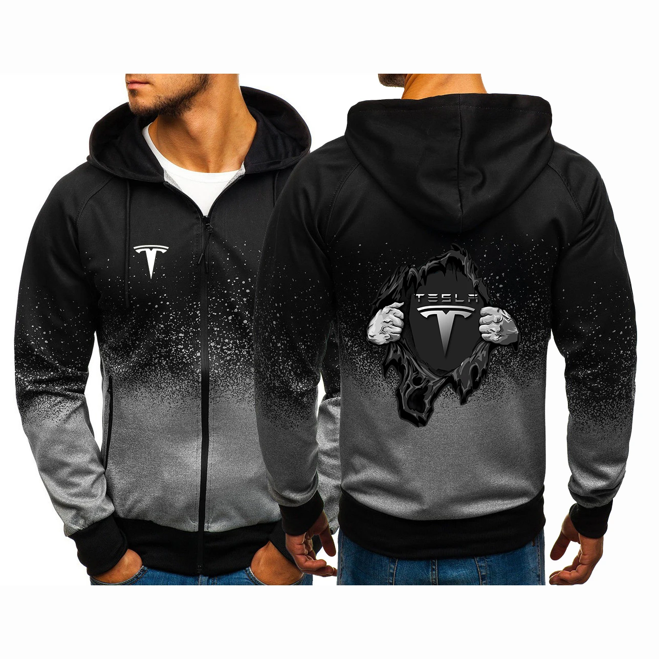 

2022 Tesla Logo Male Custom Harajuku Zipper Gradient Color Hoodies Men's Sweatshirts Man sleeve Hooded Selling Jacket Coa