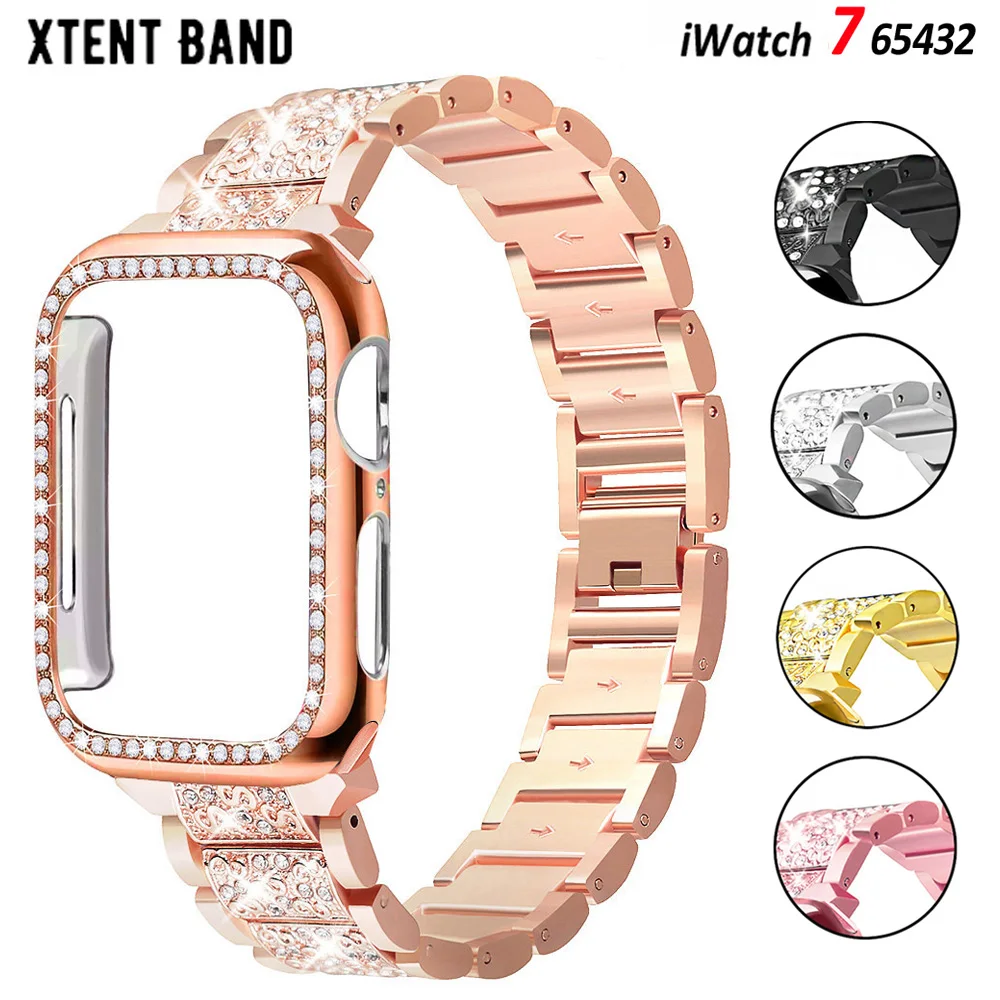 Diamond Case+Strap for Apple Watch band 44mm 40mm 41mm 45mm 38mm 42mm Metal bracelet iWatch series Ultra 8 4 5 6 se 7 |