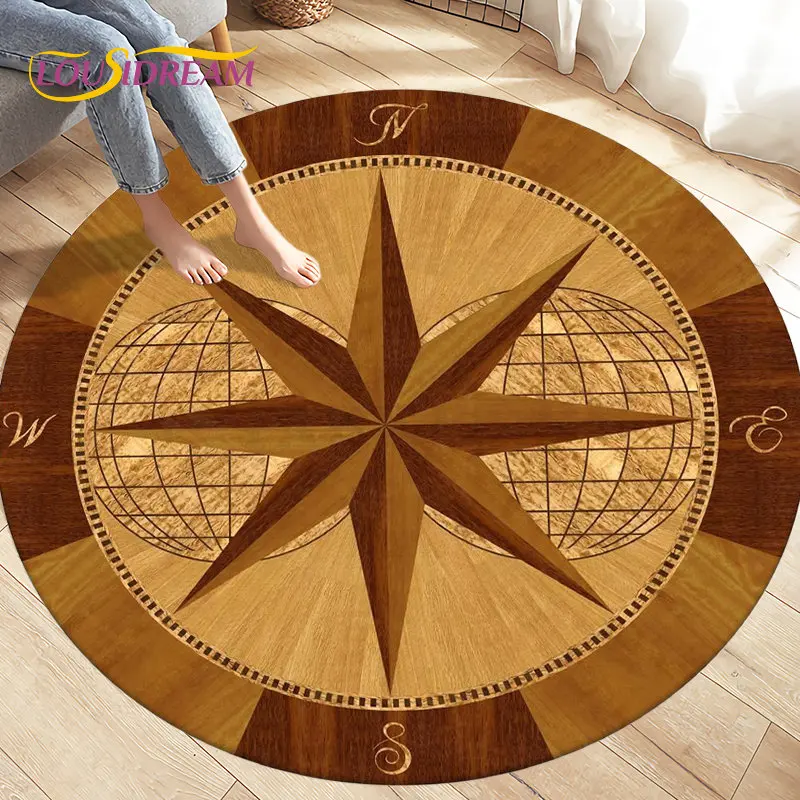 

Compass Round Area Rug,Retro British Navy New World Discovery Rug,Carpets for Living Room Bedroom,Kids Play Non-slip Floor Mats
