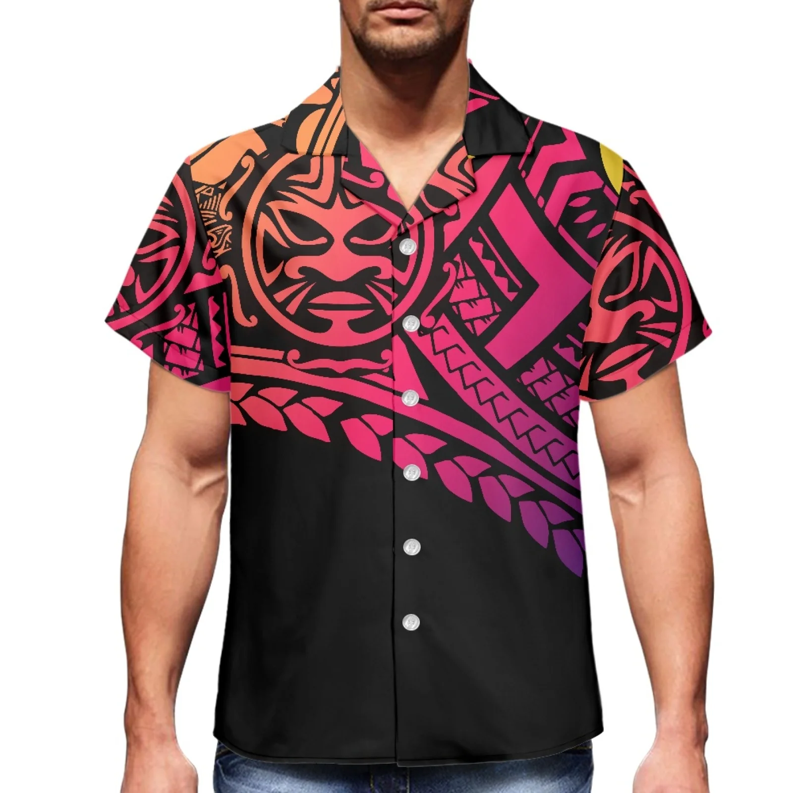 Red Tribal Tattoo Traditional Print Polynesian 2023 Summer Men's Luxury Hawaiian Sport Shirt Men's Shirt V-Neck Men's Short Slee