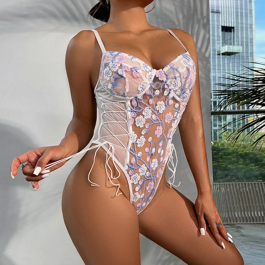 Сексуальное боди JSY кружевное нижнее белье прозрачное женское с цветочной