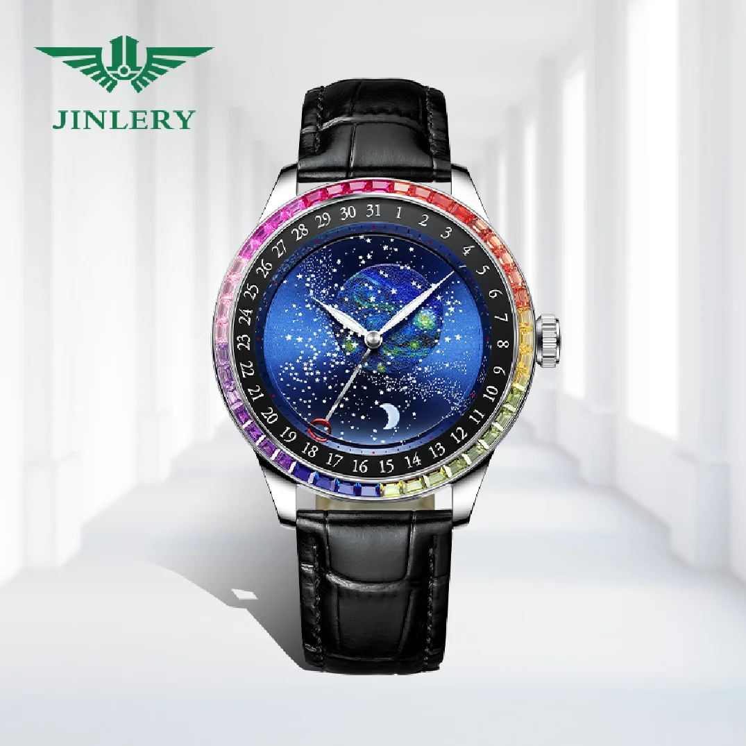 

JINLERY Men Watches Automantic Mechanical Watch Starry Sky Pattern Design Fashion Watch Colorful Diamond Wristwatch 2022 New