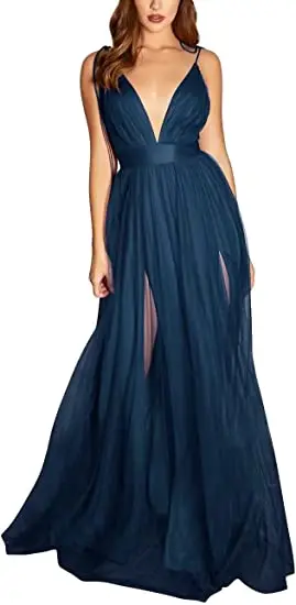 

Women's Sexy Deep V Neck Adjustable Spaghetti Strap Tulle Prom Dresses Long Formal Evening Ball Gowns with Double Split