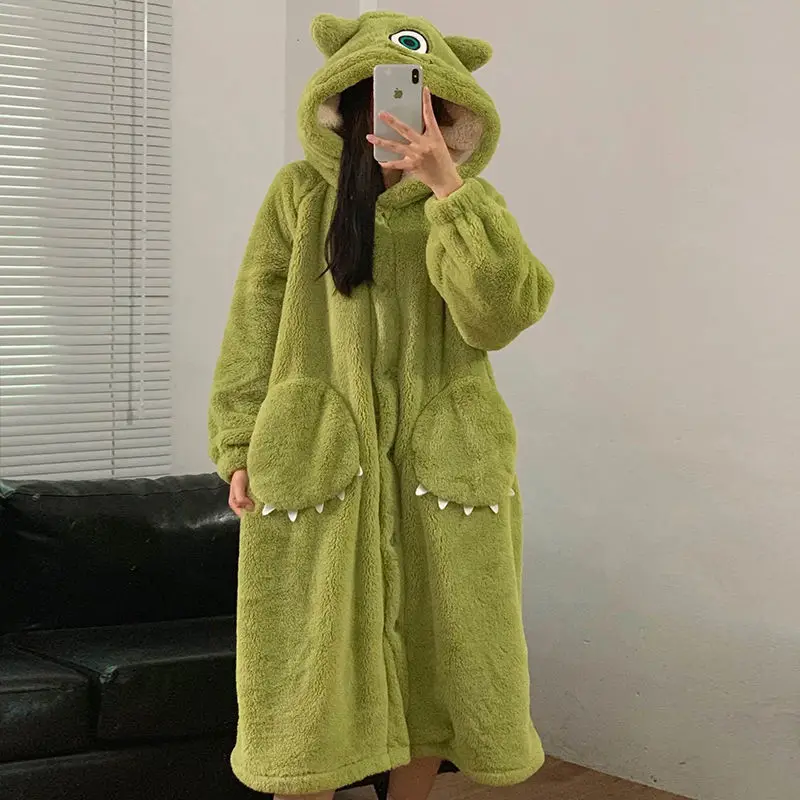 Cartoon Nightdress Winter Soft Homewear Bathrobe Gown Anime Cute Coral Fleece Women Casual Hooded Sleepwear Flannel Nightgowns