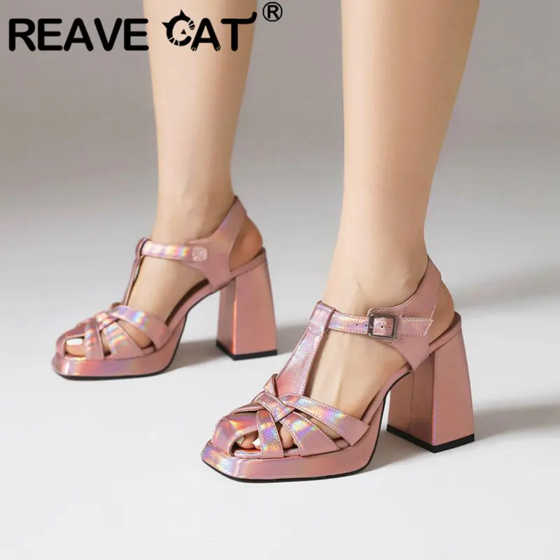 

REAVE CAT New Women Sandals Square Toe Block High Heels 9.5cm Buckle Strap Concise Soft Daily Female Shoes Big Size 43 44 45 46