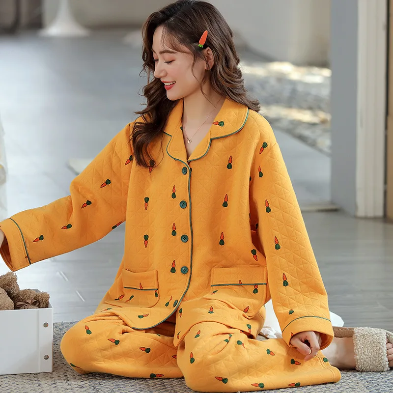 Pajamas For Women Cotton Set Sleep Lounge Pajama Plus Size 5XL Long Sleeve Sleepwear Winter Thick Warm Cute Cartoon Pyjamas