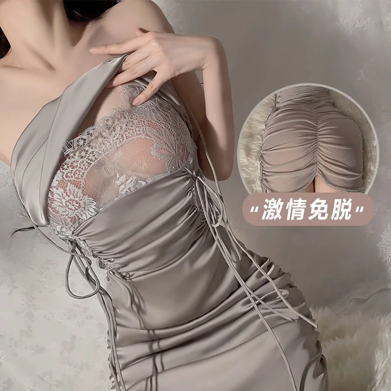 

Transparent Lingerie Women's Nightdress Sexy Erotic Drawstring Pajamas Slim Fitting Lace Suspender Nightgown Sweet Girl Pajamas