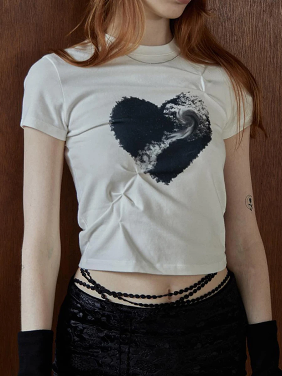 

Vintage Heart Print T-shirts Women Clothes Summer Round Neck Cotton T Shirt Female Retro Streetwear Slim Y2k Short Sleeve Tops