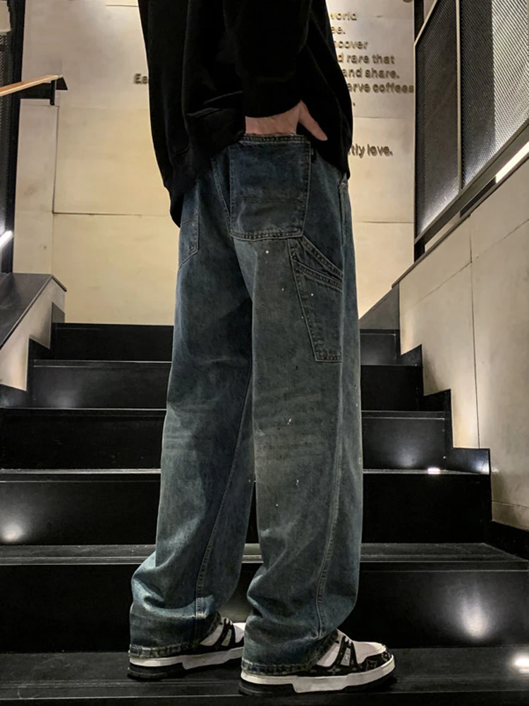 Men's Trendy Pure Colored Jeans American Washing Make Old Retro Loose Wide Pine Pure Color Casual Pants Street Men's Clothing
