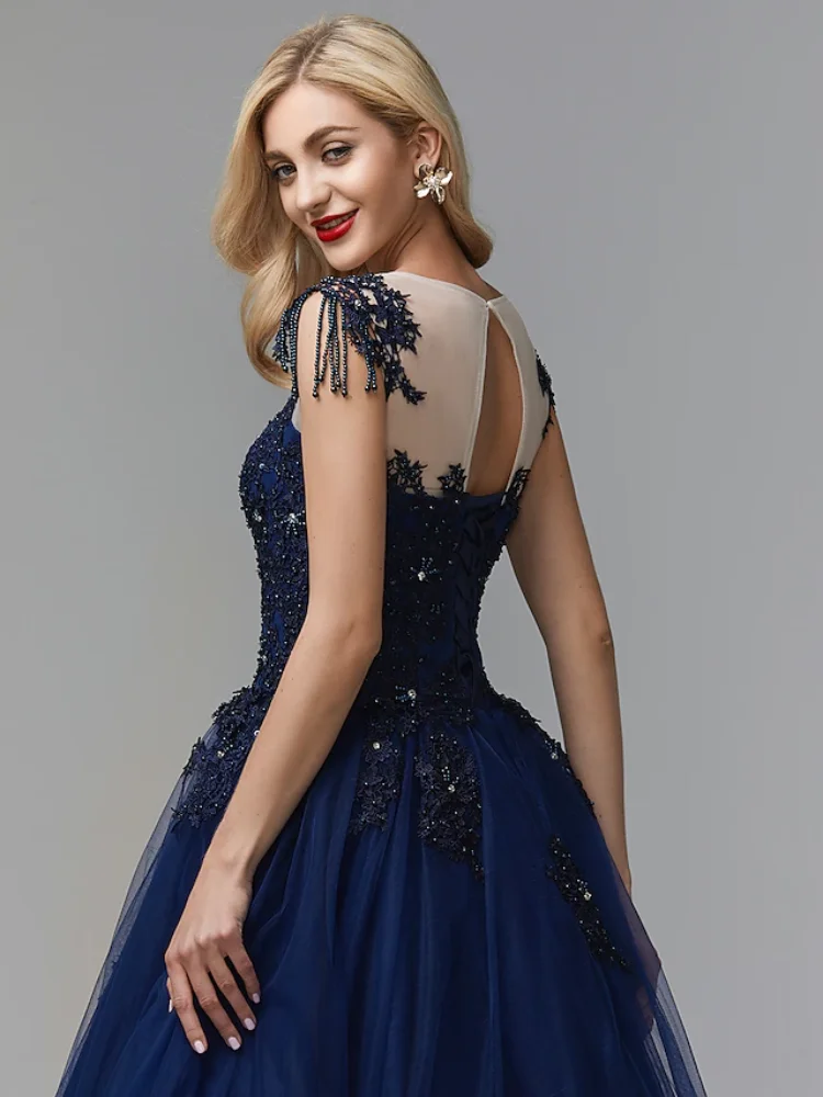 

Exquisite Formal Sparkle Ball Gown Floor Length Backless Short Sleeve Stain with Appliques Beading Evening Prom Dress