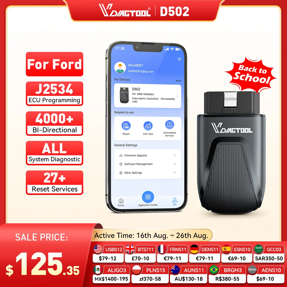 Фото Новый диагностический сканер VDIAGTOOL D502 OBD2 с функцией 27+ сбросов, полная диагностика системы автомобиля, программирование J2534, пожизненные бесплатные обновления для Ford №1