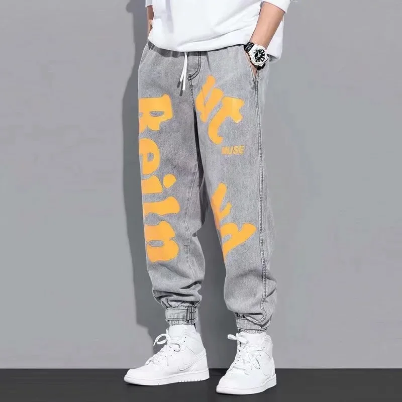 Streetwear Vintage Jeans Hip Hop Jeans Harem Pants Men's Casual Graffiti Printing Loose Jeans Fashion Mid Waist Lace-up Jeans