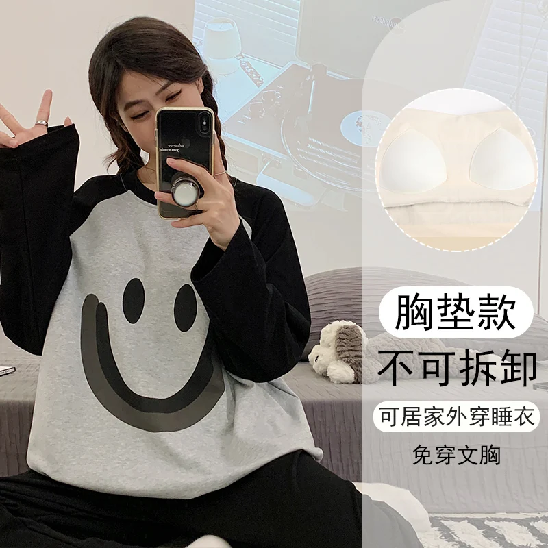 Spring and Autumn New Women Smiley Pajamas Long sleeve Trousers Set two piece Plus size Internet Red Sle Casual Home Wear