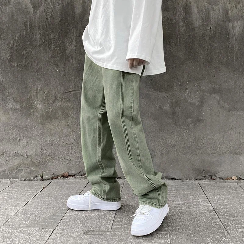 Four Seasons Green Jeans Men's Straight Loose Trousers Spring and Autumn Wide-leg Pants Casual High Street Fashion Men Clothing