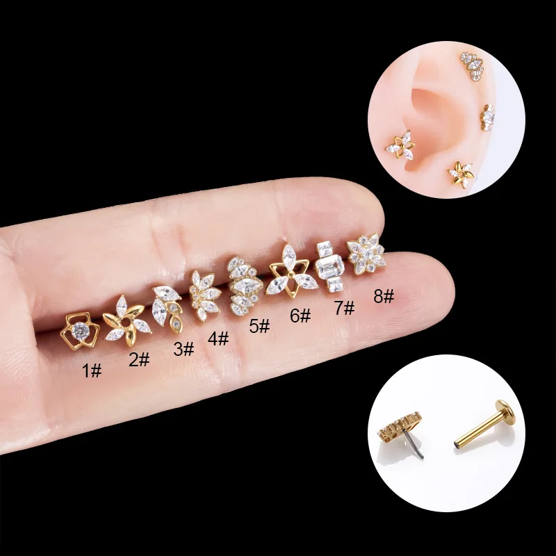 

1PC 16G G23 Titanium Labret Piercing Push In Internally Thread Lip Ring Clear CZ Tragus Helix Piercing Cartilage Earrings