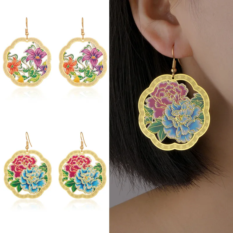 

Ladies Chinese Style Colored Enamel Dungle Earrings Vintage Hollowed Flower Alloy Jewlry for Women