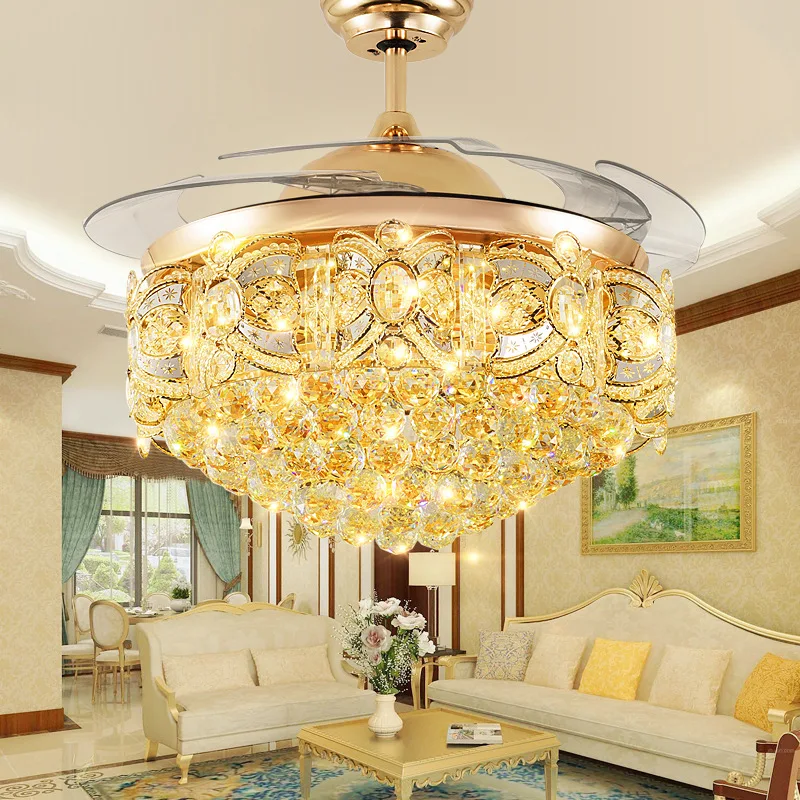 

Crystal Retractable Ceiling Fan Lamp Invisible DC Fans With Lights Remote Control Retractile Blades 220v Lamps Living Room Light