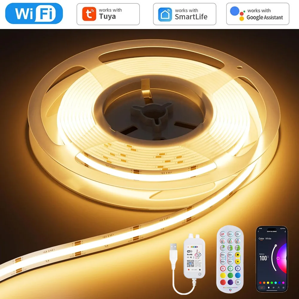 Фото 5V USB Tuya WiFi COB RGB Светодиодная лента 1M 2M 3M 4M 5M Пульт дистанционного управления ТВ Задний шкаф Игровая комната Свет f Alexa Google Home №1