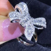 2022 korean style bowknot full setting ring for women luxury shiny design square diamond ring temperament jewelry silver ring