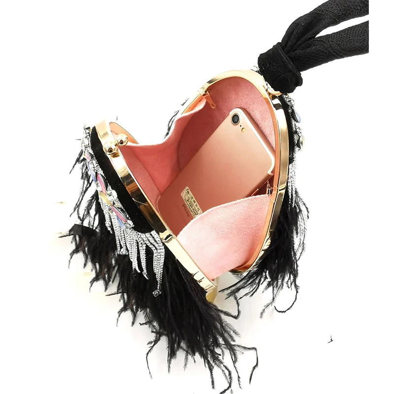 Luxury Ostrich Feather Party Clutch Evening Bag Designer Purses and Handbags for Women Rhinestone Wedding Chain Shoulder