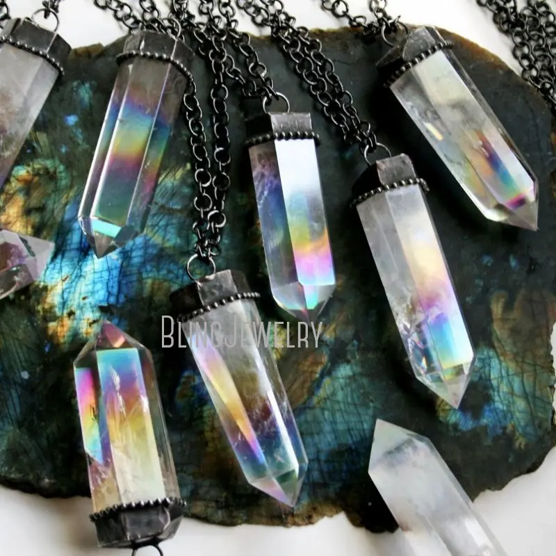 NM40772  Angel Aura Clear Quartz Point Crystal Tower Necklace Rainbow Crystal Obelisk Obsidian Tower Necklace Halloween Jewelry