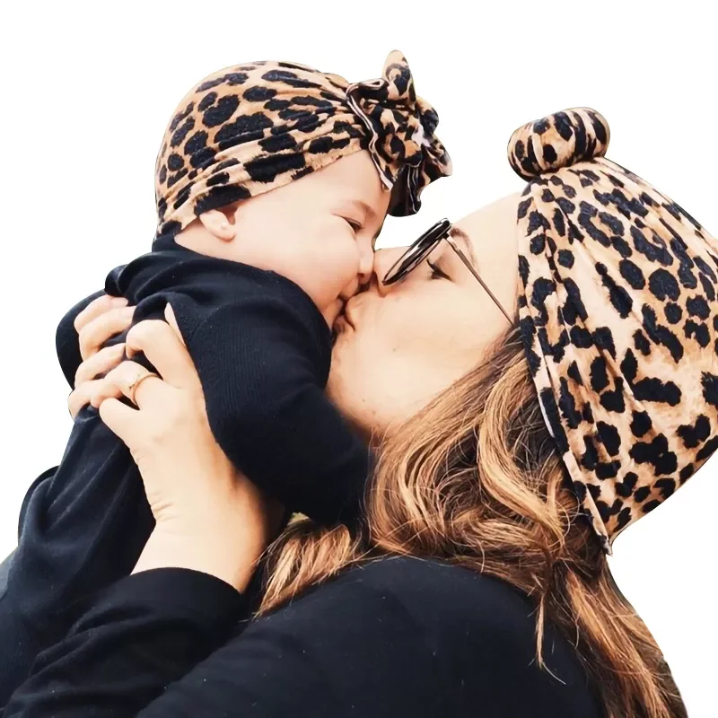 Infant Baby Girl Boy Mom Turban Hat Bows Flower Head Wrap Leopard India Hat Cotton Cap Parent-child Suit Beanie