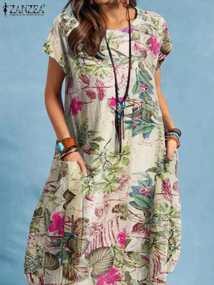 

Vintage Floral Dress Women Printed Sundress ZANZEA 2022 Casual Summer Short Sleeve Knee-length Vestido Female Holiday Robe Femme