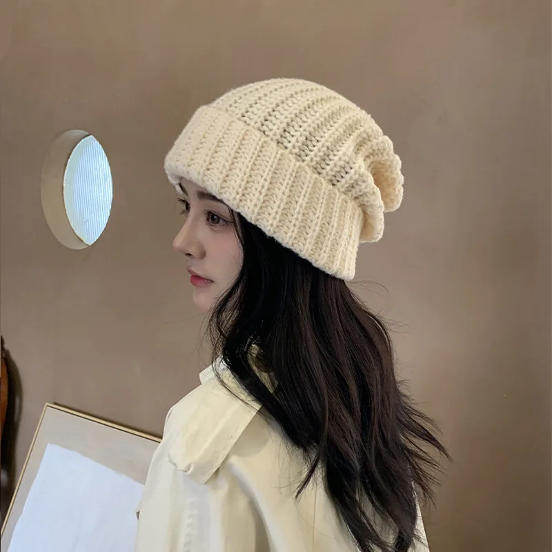 

Ladies Knitted Hats Warm Slouchy Temperature Outdoor Men Women Skin-Friendly Soft Big Head Woolen Hats Skiing Accessory