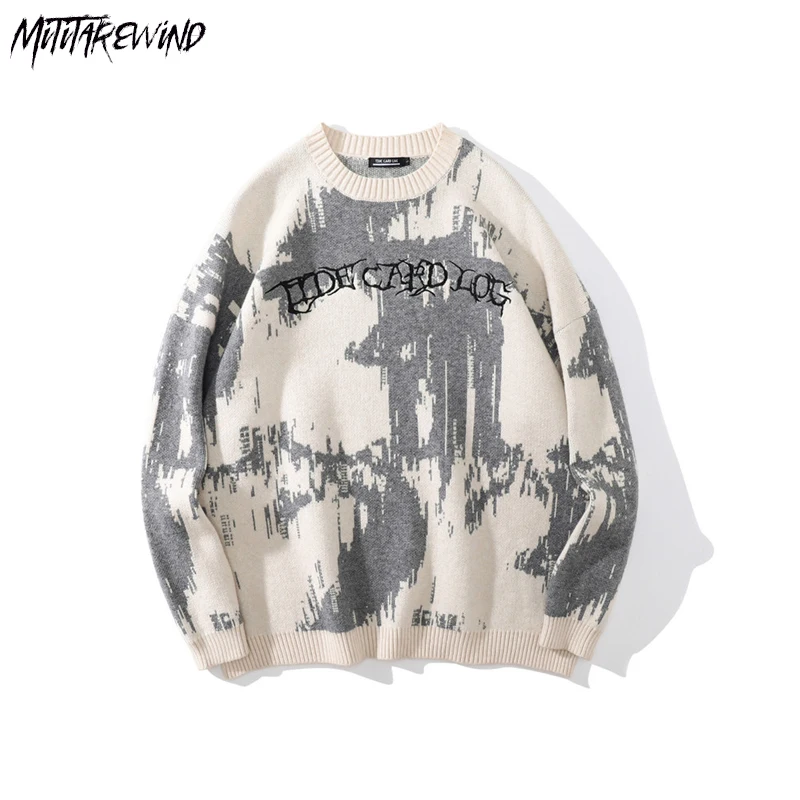 

Уличный жаккардовый свитер в стиле Харадзюку, вязаный свитер с вышивкой надписью, повседневный Свободный Мужской пуловер черного и белого цветов