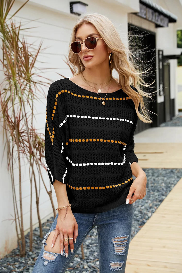 Loose blouse temperament stripe 3/4 sleeve knitwear straight neck hollow knit blouse women autumn spring clothes bottom sweater