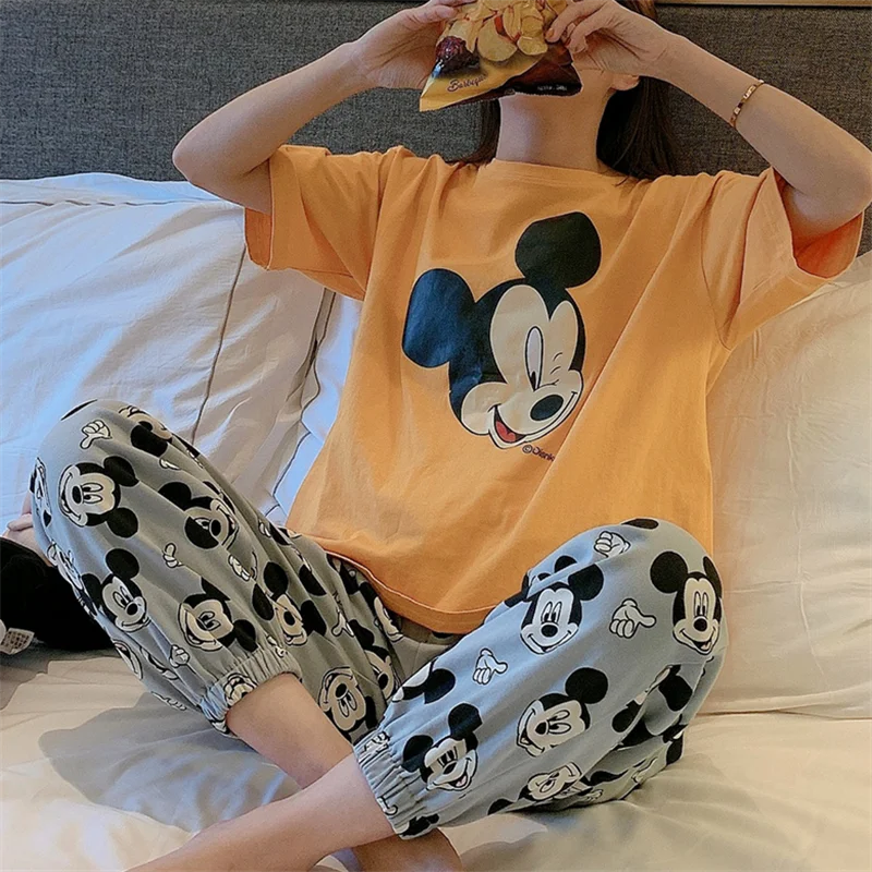 Disney Anime Mickey Mouse Soft Women's Pajamas Set Summer 2022 New Short Sleeve Top Pajama with Pants Casual Sleepwear Suit