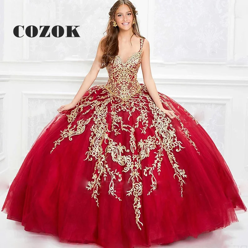 

Formal Quinceanera Dress Wine Red V-Neck Gold Appliques For 15 Girls Puffy vestido de quinceañera 2023 Custom Made YDLJ59