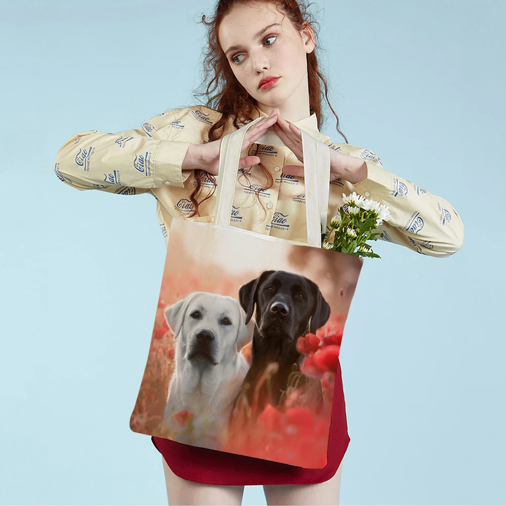 

Casual Labrador Dog Women Lady Tote Handbag Reusable Double Sided Cute Pet Animal Canvas Shopping Bag Shoulder Travel Bags